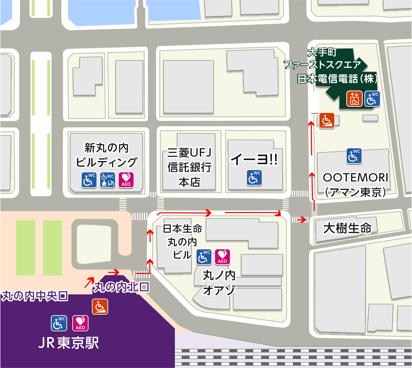 地図：JR東京駅丸の内北口から日本電信電話株式会社がある、大手町ファーストスクウエアビルまでの道順が書いてあります。道順には1から12の番号がついています。13番は、ビルの地下駐車場の位置です。視覚障がい者の方には、ウェブページの後半に、ことばで道順を案内しています。