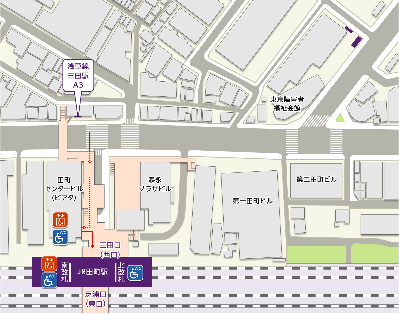 地図：都営浅草線三田駅のJR田町駅方面改札からJR田町駅までの道順が書いてあります。道順には1から5の番号がついています。JR田町駅からNTTレゾナント株式会社があるグランパークタワーまでは、別ページのJR田町駅からの道順で案内しています。また、視覚障がい者の方には、このウェブページの後半に、ことばで道順を案内しています。