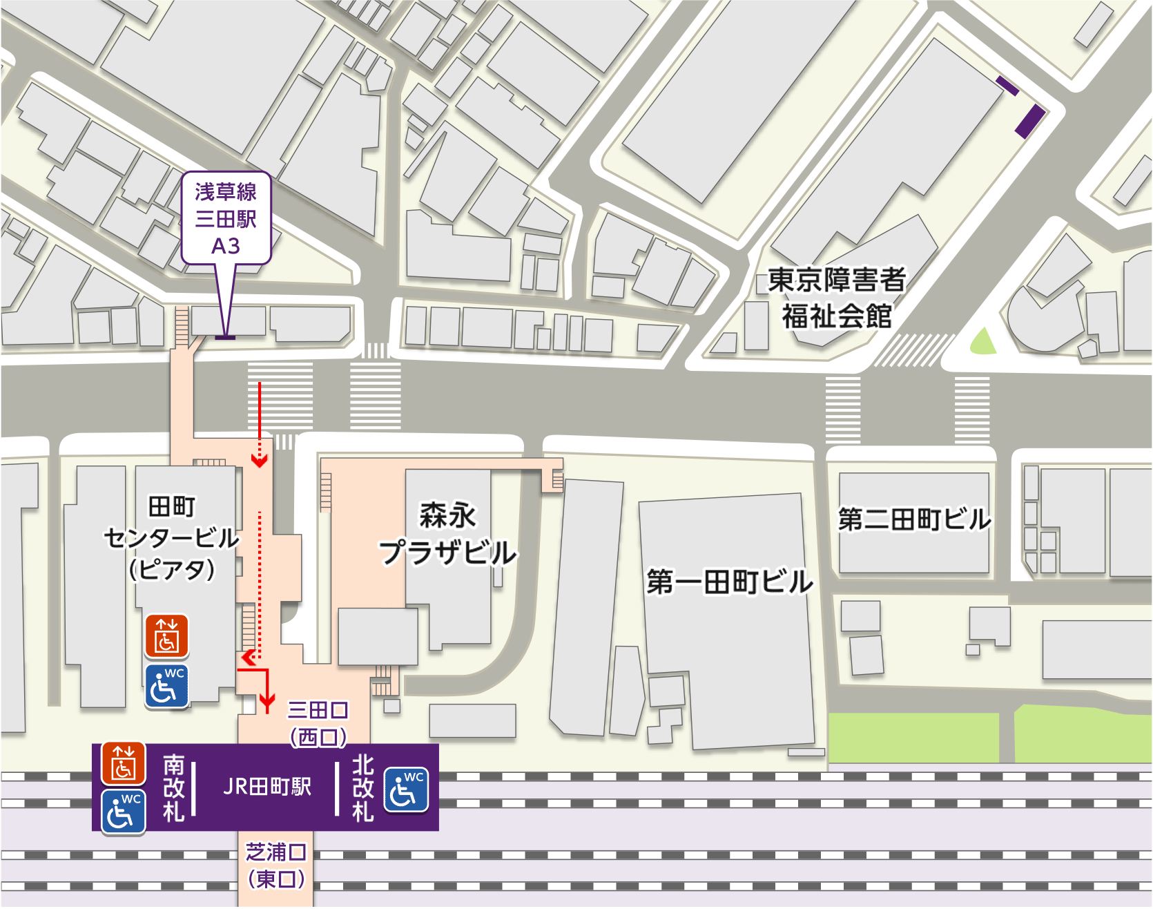 地図：都営浅草線三田駅のJR田町駅方面改札からJR田町駅までの道順が書いてあります。道順には1から5の番号がついています。JR田町駅からNTTレゾナント株式会社があるグランパークタワーまでは、別ページのJR田町駅からの道順で案内しています。また、視覚障がい者の方には、このウェブページの後半に、ことばで道順を案内しています。