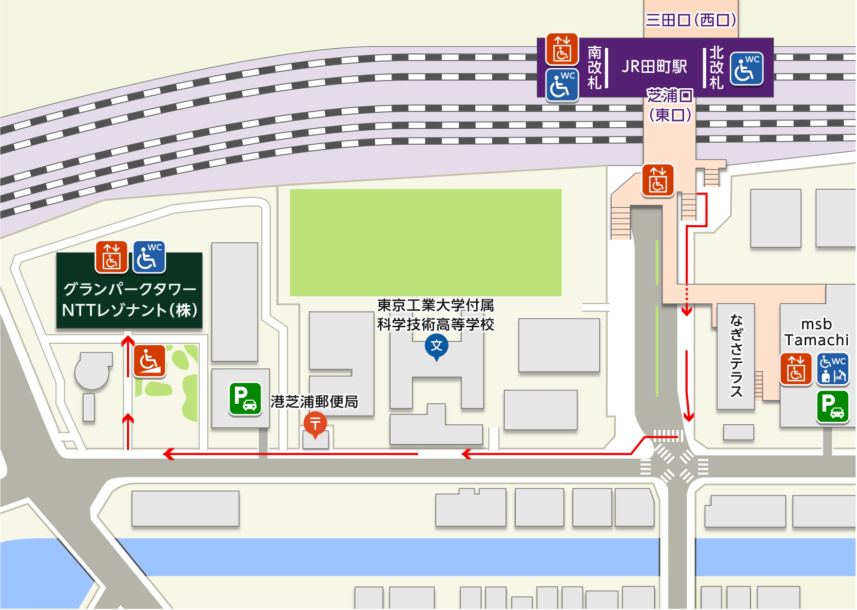 Jr田町駅からnttレゾナント 株 へのバリアフリーアクセス