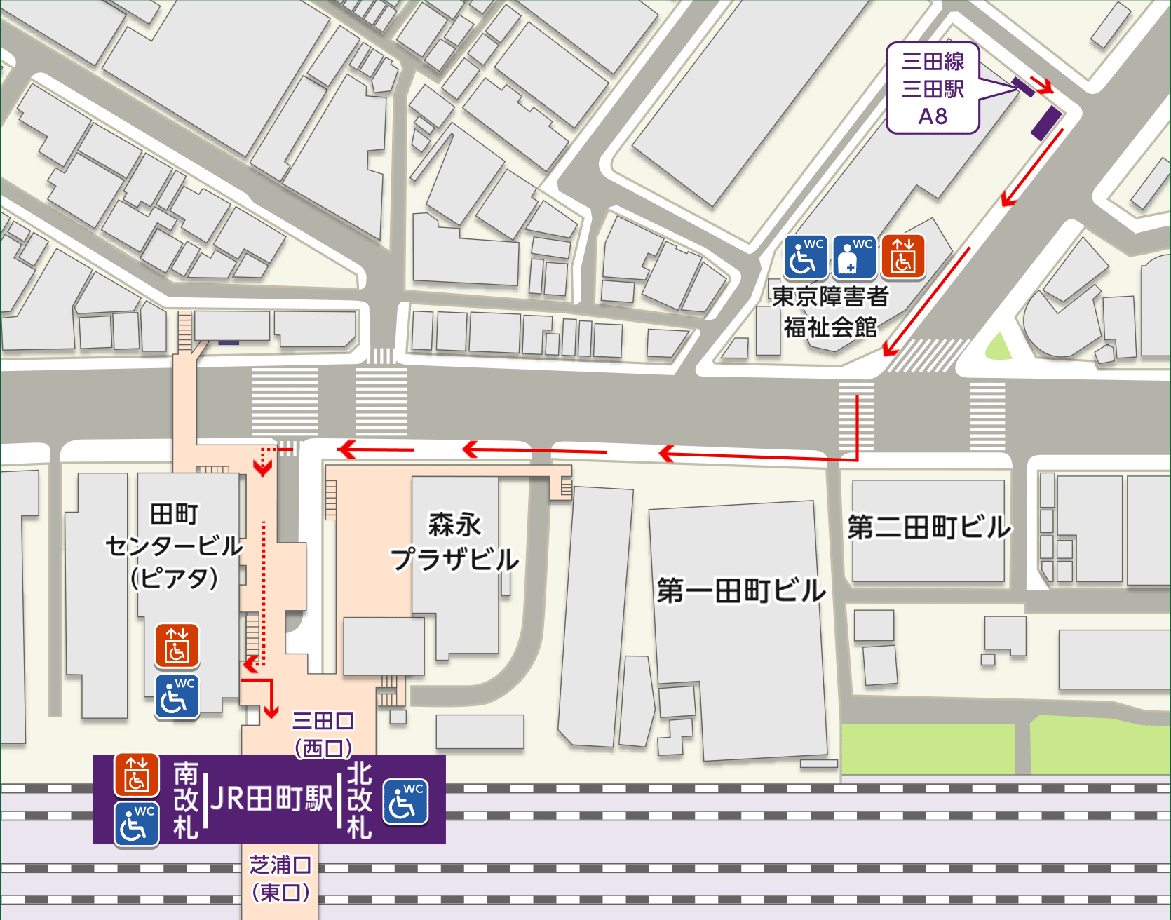 地図：都営三田線三田駅のA4出口からJR田町駅までの道順が書いてあります。道順には1から10の番号がついています。JR田町駅からNTTレゾナント株式会社があるグランパークタワーまでは、別ページのJR田町駅からの道順で案内しています。また、視覚障がい者の方には、このウェブページの後半に、ことばで道順を案内しています。