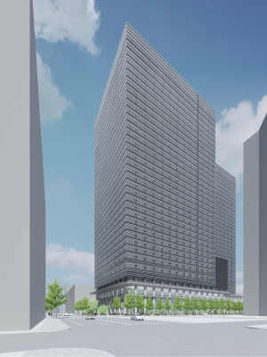 「大手町二丁目プロジェクト」ビル完成予想像画像。南西からみたグレーのビルの外観。