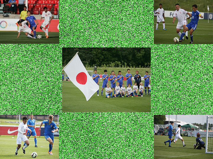 写真：5枚の写真で作られ中央に日本代表チームが日の丸の前で整列、右上は日本選手が相手選手の前でボールを受けている所、左上では日本選手が試合中に相手選手にボールを奪われている所、右下は日本ゴールキーパーがボールをキャッチしている所、左下では日本選手がボールを前に運んでいる所