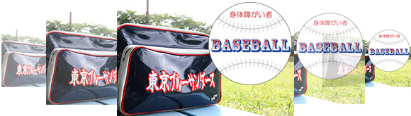 写真：東京ブルーサンダースのオリジナルロゴ入りバッグと、身体障がい者野球のボールをモチーフにした青と赤を基調にしたオリジナルロゴ