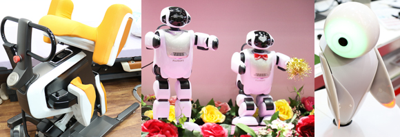 写真：移乗器具、コミュニケーションロボット（パルロ）、メディエーターロボット（ロボピン）の写真