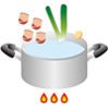 イラスト：灰色の鍋にお湯を沸かし、その中に豚肉と長ねぎの青い部分と生姜を鍋に入れている様子