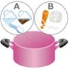 イラスト：ピンクの鍋に水、醤油、砂糖を沸騰させ、次に玉ねぎ、にんじん、セロリ、にんにくの材料を入れている様子
