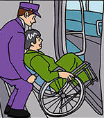 イラスト：車いすの乗客を電車に載せようと前輪をキャスター上げしている駅員