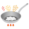 イラスト：マシュマロを溶かした火で熱したフライパンの中に、煎り大豆・コーンフレーク・戻したクコの実を入れる様子