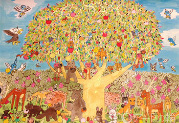 イラスト：大きな木の周りに色々な動物が木の実を食べている様子