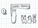 イラスト：UNAGI TRAVELLと書かれた旗を持ったウナギガイドがツアー参加者を引き連れている様子