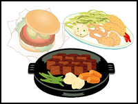イラスト：ハンバガー、エビフライ、ステーキなどの食べ物
