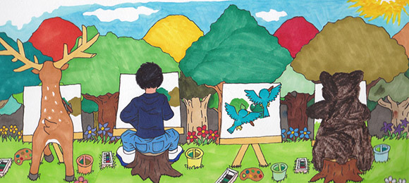 イラスト：左からの順に鹿、人間、小鳥と熊が絵を画いている様子