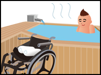 イラスト：車いすにバスタオルを置き、露天風呂に入っている男性