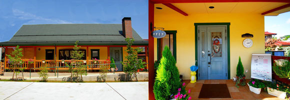 画像：左は美容室の外観。洋風の明るい作り。右は美容室の出入口。観葉植物と大きな取っ手が印象的なドア。