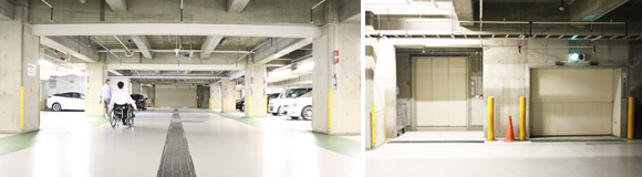 写真：地下の車いす用駐車スペースとカーリフトの出入口の様子。