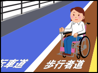 イラスト：電動車いすユーザ歩行者用通路を走行している