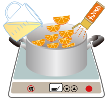 イラスト：2に、りんごジュース、切ったオレンジ、ナツメグパウダーを加え、中火にしている様子