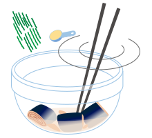 イラスト：さば缶をボウルにあけ、ショウガ汁と大葉を混ぜ合わせる様子