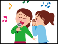 イラスト：歌っている視覚障がい者の右側で健常者が耳元で歌詞を言葉で伝ている