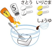 イラスト：ボウルに入った豆腐に、調味料全てを入れてフォークでかきまぜようとしている様子