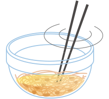 イラスト：湯でパスタと調味料を混ぜる様子