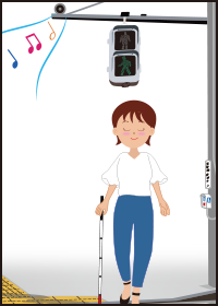 イラスト：音楽が流れている最中に信号機のある横断歩道を渡っている視覚障がい者の白状を持った女性