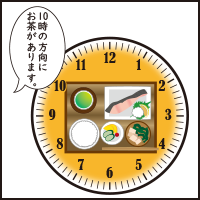 イラスト：お盆に乗った鮭定食。「10時の方向にお茶があります」と声をかけている