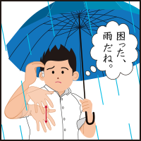 イラスト：雨の中、傘をさしている男性が「雨、困ったね」という手話を片手でしている