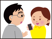 イラスト：女性がスマートフォンを利用して聴覚障がい者の男性とコミュニケーションを取っている