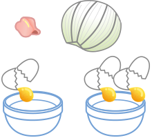 イラスト：二つのボールを準備し、片方には卵１個。もう片方には卵２個、鶏肉、玉ねぎの下準備の様子