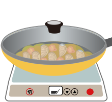 イラスト：2個分の溶き卵を全体に回し入れ、軽く全体を混ぜたら蓋をする様子