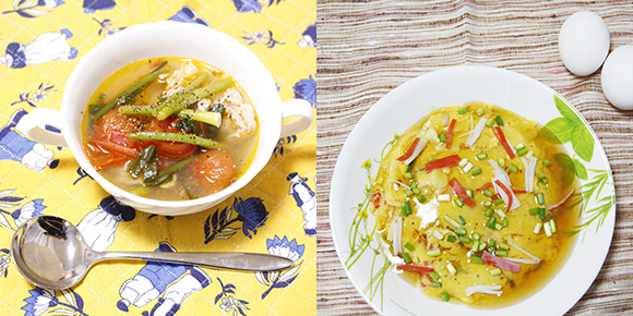 写真：左に野菜たっぷりの「ミニトマト酸辣湯」右には「かに玉」の様子