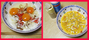 写真：左の写真には先ほどの容器に卵を割り入れ、右の写真では内容を混ぜ合わせる様子