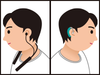 イラスト：補聴器を付けている人と集音器を付けている人