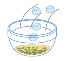 イラスト：スープ用の具材を合わせ、氷を入れて冷やしている