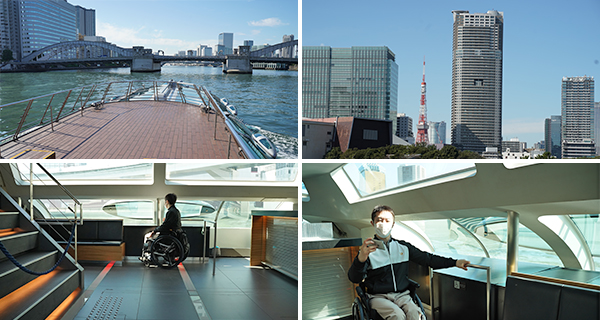 写真：屋上デッキからの風景、東京タワー、車いすスペース席、編集部員が船内から写真を撮っている様子