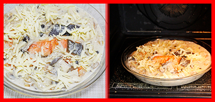 写真：2つの写真から左は表面にチーズをかけている、右は耐熱容器ごとオーブンに入れるところの様子