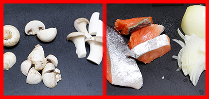 写真：2つの写真から左の写真はマッシュルームやエリンギのカット、右の写真は塩鮭と玉ねぎのカットの様子