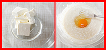 写真：2枚の写真から左の写真は耐熱ボールにクリームチーズが入っている様子、右の写真は崩した豆腐に柔らかくなったクリームチーズや砂糖、卵を加えている様子