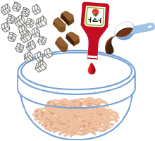 イラスト：耐熱ボールに入っているひき肉に玉ねぎやカレールー、ケチャップを入れている