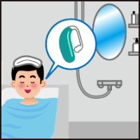イラスト：聴覚障がいのある男性が補聴器を外してお風呂につかっている