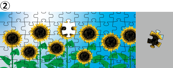 イラスト：②ジグソーパズルタイプのCAPTCHA画面、緑の茎から伸びるひまわりの花が9個あり真ん中の花の部分の1ピースが欠け欄外に置かれている。