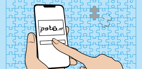 イラスト：CAPTCHAで使用するジグソーパズルパターンのイメージをバックにスマートフォンを左手に持ち、右手人差し指で「画像認証」の操作を行っている