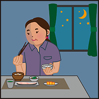 イラスト：視覚障がいの女性が月明りをバックに暗い部屋で夕飯を食べている