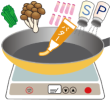 イラスト：中火にしたフライパンにバターや他の具材を入れている