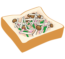 イラスト：1と3の材料の半分の量をパンに入れ、上からちぎったチーズをふりかけている