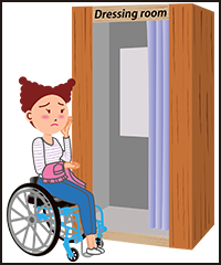 イラスト：車いすに乗った女性が試着室の前で試着室が使えない事に悲しんでいる