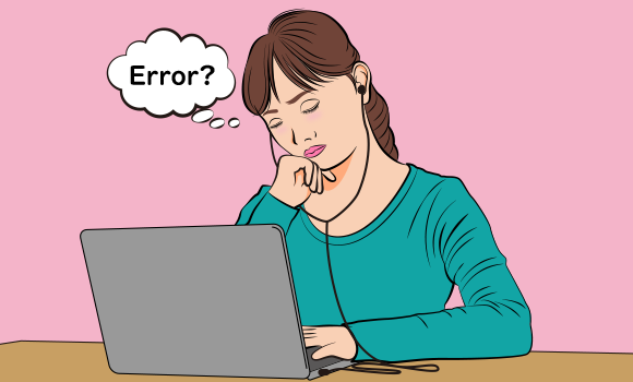 イラスト：視覚障がいの女性がパソコン操作をしていてエラーが出て困っている