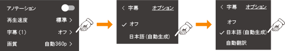 イラスト：YouTubeの字幕選択画面を模している。「字幕（1）」をオフ→「日本語（自動生成）」にチェック。